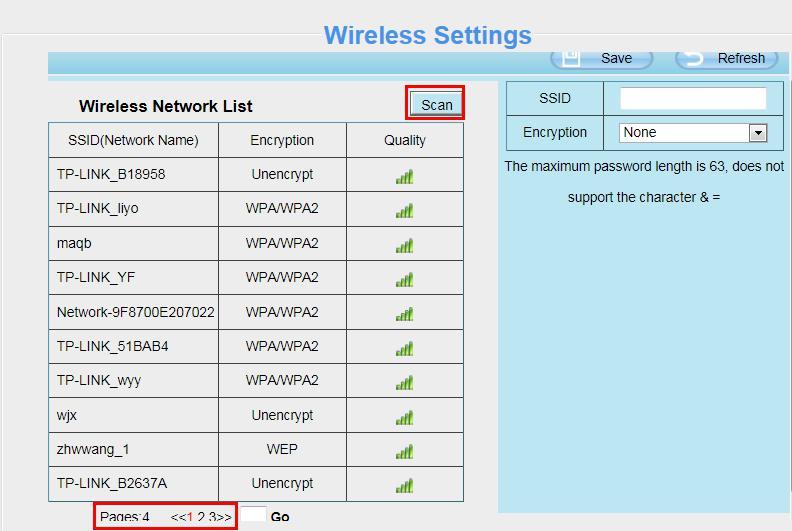4.2 Wireless Settings Step 1: Choose Settings on the top of the camera interface, and go to the Network panel on the left side of the screen, then click Wireless Settings.