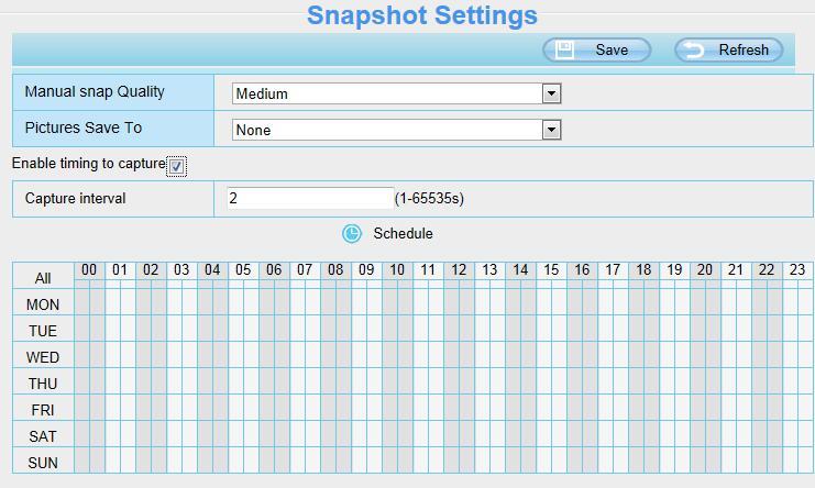 4 Snapshot Settings On this page you can set the snapshot pictures image quality and the storage path. Image Quality: Low, Middle and High.