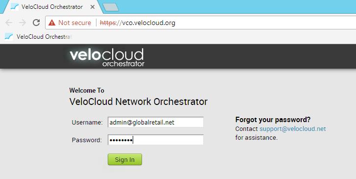 1. Click on "Proceed to vco.velocloud.org" to continue Enter the Login name and Password Login= admin@globalretail.net Password=VMware1!