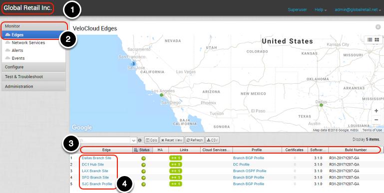 Monitoring Interface 1. The interface shows customer name "Global Retail, Inc" along with a total of 5 Sites with a geographical map and a list view. 2.