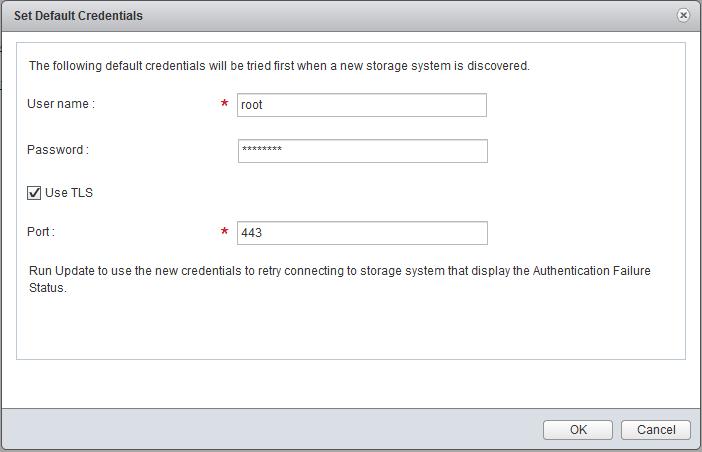 72 VSC 6.1 for VMware vsphere Installation and Administration Guide 2. In the Set Default Credentials pop-up box, enter the credentials for the storage system.