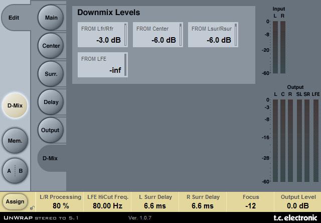 D-MIX DOWNMIX LEVELS The downmix feature allows you to check the UnWrap settings for stereo compatibility. Downmix levels should match the settings for the external downmix device.