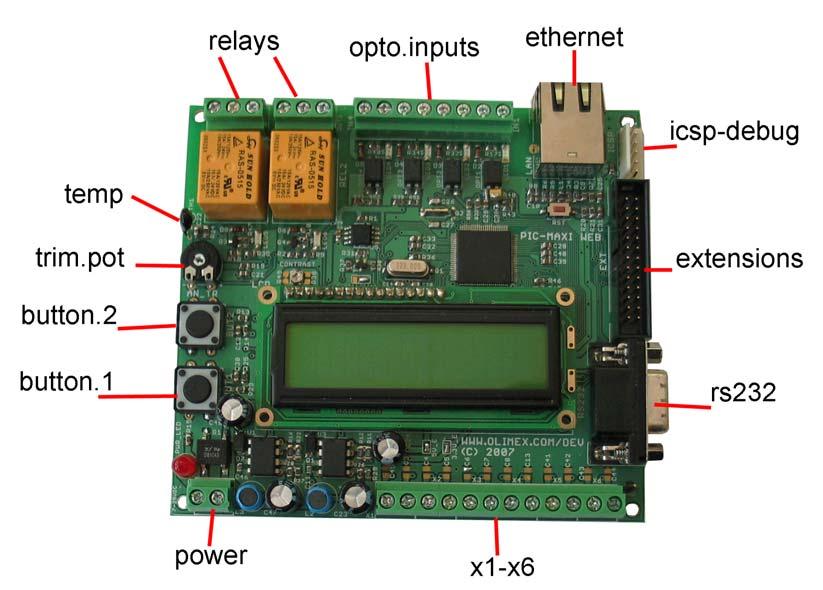 BOARD LAYOUT: POWER SUPPLY CIRCUIT: PIC-MAXI-WEB can take power only from power connector PWR, where (9- ) VDC or (6-9) VAC external voltage source has to be applied.