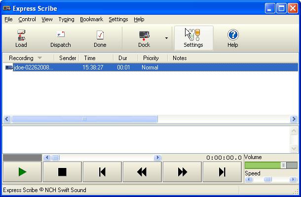 2. The Express Scribe player will open and begin playing the voice file.