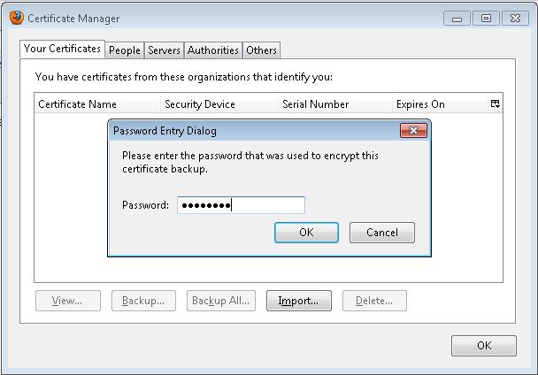 2. If it is not already selected, choose Personal certificates. 3. Choose the Import button and browse for the given certificate file (*.p12 file type). 4.