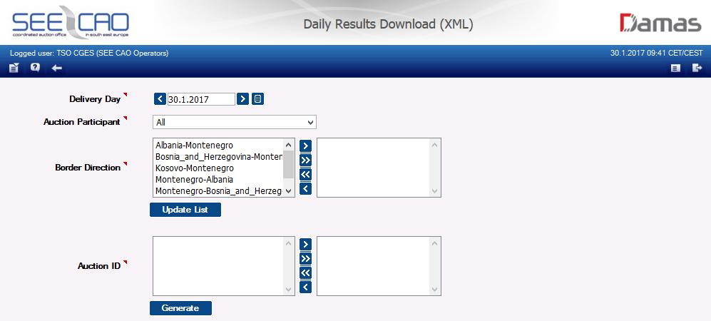 1. Choose the menu item Daily Auction / Daily Results Download (XML).