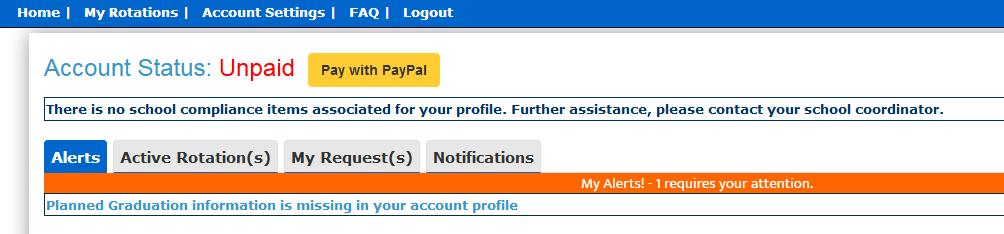 4. The top left corner will indicate your Account Status is Paid or Unpaid (purple box below). a. You do NOT need a payment against your account in order to submit a Request for a placement.