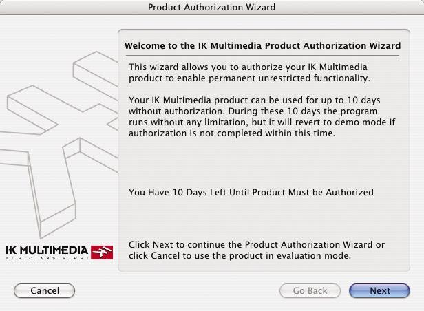 Chapter 4 Authorization A built in software Wizard helps you in the authorization of your IK software. The first time the software is launched the Wizard is displayed (step 1.