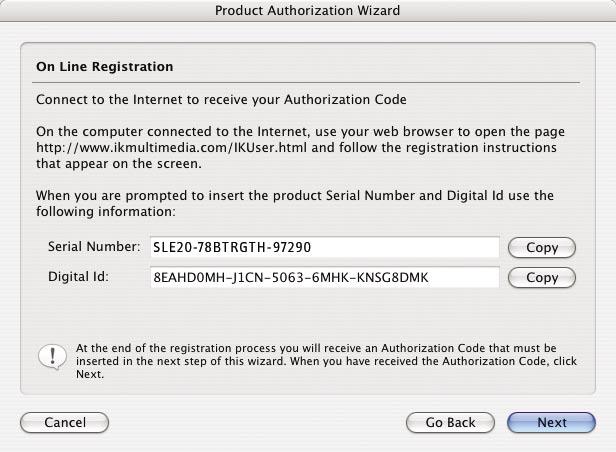 At this point the Wizard presents you with a window where you can find your Serial Number and the Digital Id required to register online (step 6a. Online registration on the same computer).