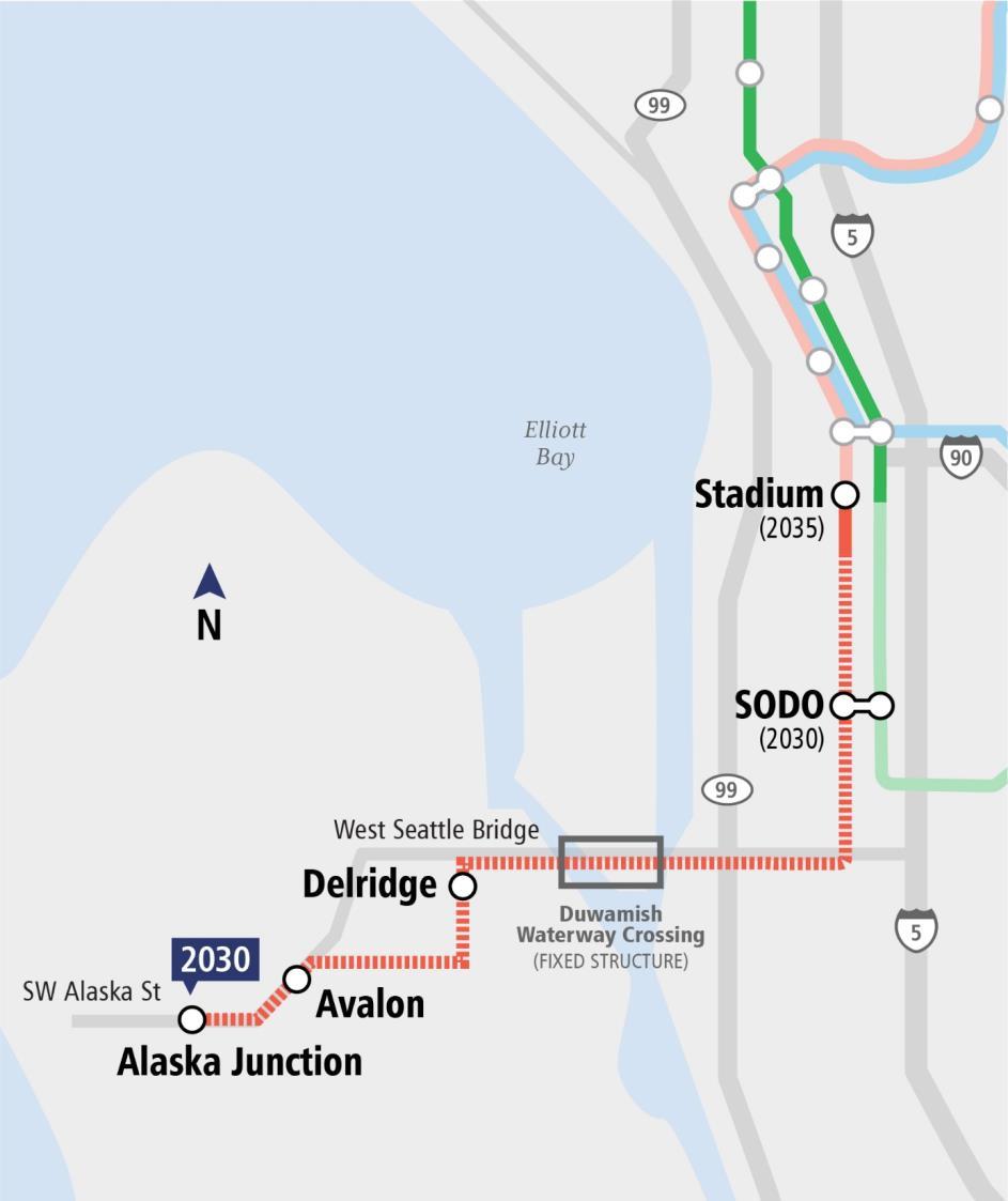West Seattle Link Extension Opening 2030 Four elevated stations at SODO, Delridge, Avalon and Alaska