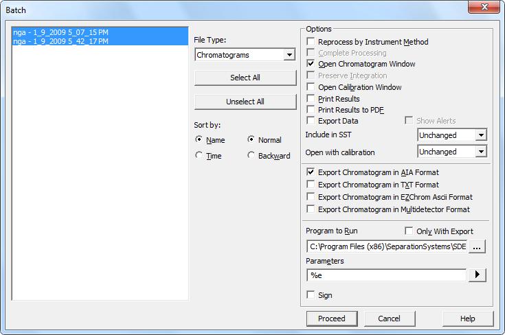 The same settings may be used in the Batch dialog to export chromatograms batch wise (accessible from the Analysis Batch menu in the Instrument window).