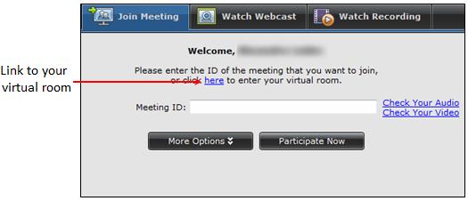 Starting a New Videoconference in Another User's Virtual Room Figure 23: Link to your virtual room in the Join Meeting tab If the virtual room is protected with a one-time access PIN, enter it in the
