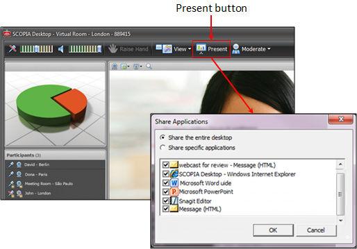 About Sharing Content Figure 36: Starting a presentation in the Windows-based Scopia Desktop Client 2. To share the content of any application visible on your screen, select Full Screen. 3. To share the content of specific applications only, select Application, select the desired application in the Choose application window, and then select Share.