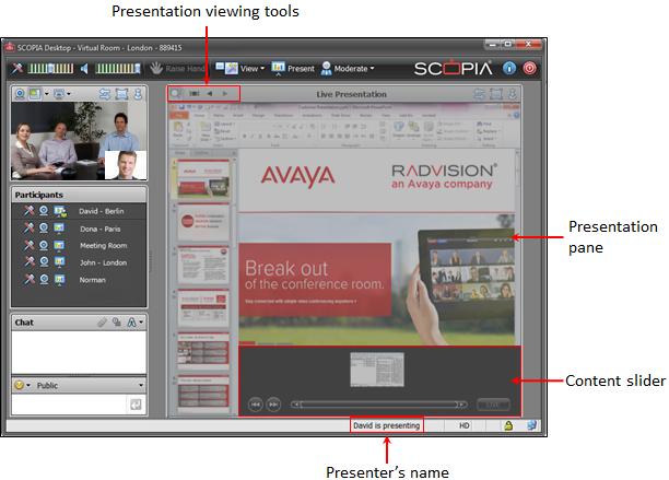 About Sharing Content Figure 38: Video layout during a presentation You can watch the presentation live (as it is sent to participants) or you can