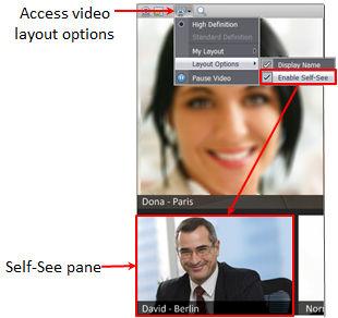 Figure 53: Enabling the Self-See pane See your own video in a Picture-in-Picture frame, select and select the position of the