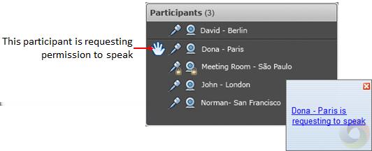 page 70) and select Yes in the confirmation message. Figure 64: Display of participant requesting to speak The participant is unmuted and can speak. 3.
