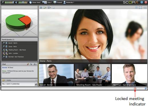 Barring New Participants from Joining Scopia Desktop Videoconferences Figure 67: Moderate menu The videoconference is locked, indicated by the icon on the status bar of the Virtual Room window.