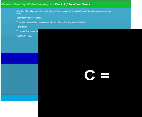 Remembering Relationships: This exam starts with an instruction screen shown here. To move forward, the candidate must click the continue button in the bottom corner.