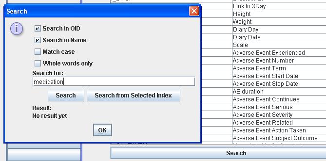 When entering the search term medication and clicking the Seach button, the systems find the first match in the table (in this case as well