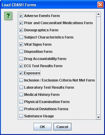 Using the menu CDASH -> Load CDASH forms, one can select which CDASH forms one wants to add to the study design: After having selected the desired forms, the