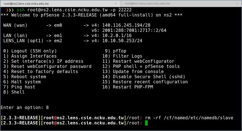 Router and Firewall - pfsense Workaround: ssh into ns2,