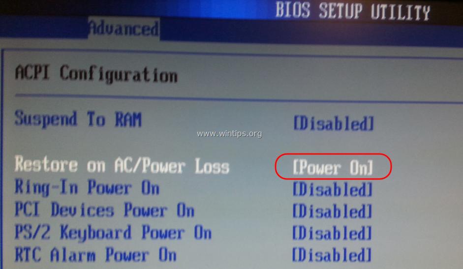 Restore on power loss Set the BIOS setting to Power On after power loss. Note that the server will be powered on only if the UPS runs out and cut the power off.