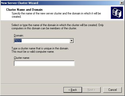 Select the domain and enter a unique cluster name, then click Next ;