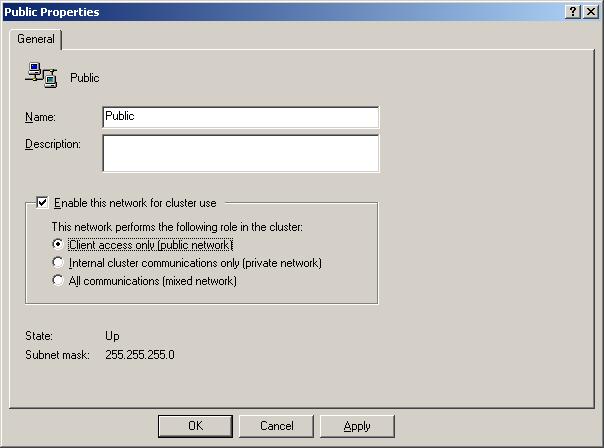 IMPORTANT: Ensure that on the iscsi network connection in Cluster Administrator, you uncheck the Enable this network for