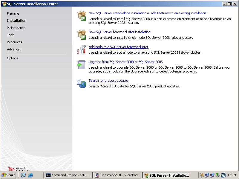 exe /PCUSource=C:\SP1 At the SQL Server 2008 splash screen select