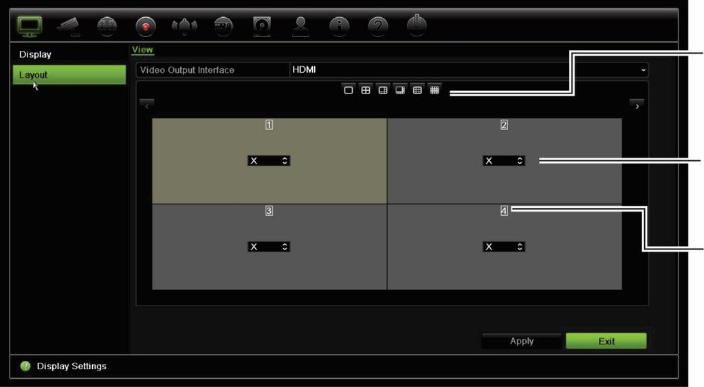 : Display settings Figure 21: Camera layout window Multiview layout selection bar