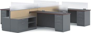 FEATURES Create a freestanding desk that accommodates storage above and below the worksurface.