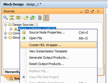 2) In the Sources window, select the top-level subsystem source, and select Create HDL Wrapper to create an example top level HDL file. If any dialog box appears, click OK or YES.