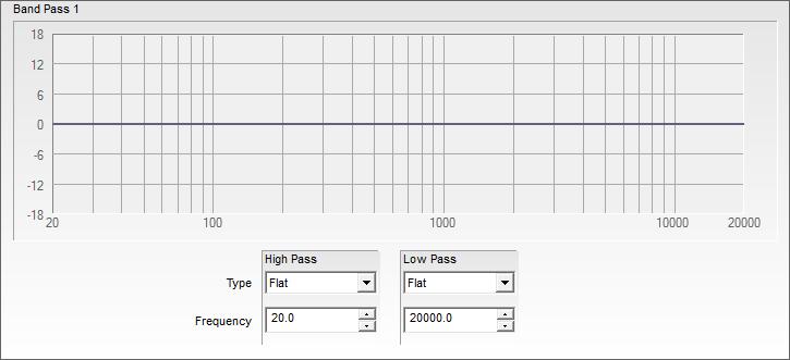 Click on a Band Pass block within the signal processing map to access the band pass crossover control panel for the corresponding output.
