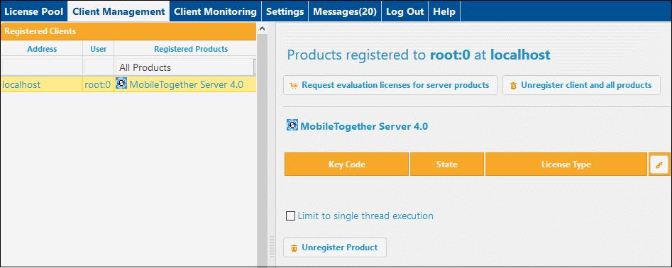 34 License MobileTogether Server 3. Go to the Client Management tab (screenshot below). You will see that MobileTogether Server is registered with LicenseServer, but that it is not licensed. 4.