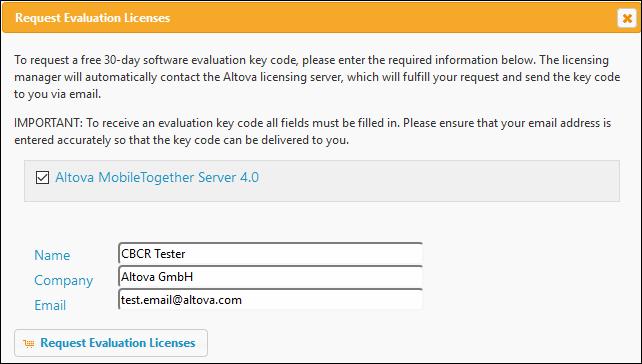 Enter the requested information and click Request Evaluation Licenses. A MobileTogether Server license will be sent to the email address you entered. Save the license to a file location.