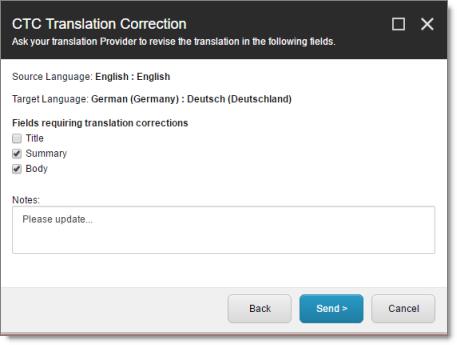 8 Post-Translation Features 8.2 Requesting Translation Corrections 6. The first section displays a list of all field types in the content item.