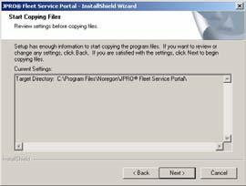 The installation program automatically chooses to install the JPRO Fleet Service Portal software at C:\Program Files\Noregon \JPRO Fleet