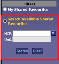 A user is ONLY able to search other user s Shared Favourites within the same division, via Auscare User Settings > Favourites > Managed Shared > Search Available Shared