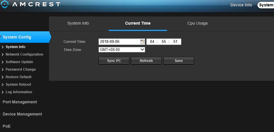 The Current Time tab allows you to set the date and time for your unit. To sync the device to the current time of your PC, click on the Sync PC option. To save your settings, press the Save button.