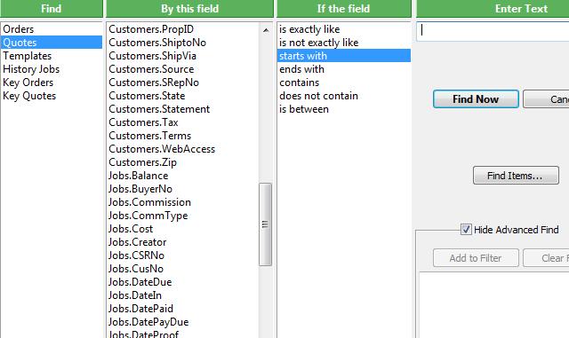 ) Settings Printing Document Options Window To see a list of the field names available, click the Find button in the Jobs section and then click Show Advanced