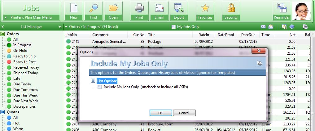 default. Click to open the Include My Jobs Only window. Click here to assign a default CSR to this computer.