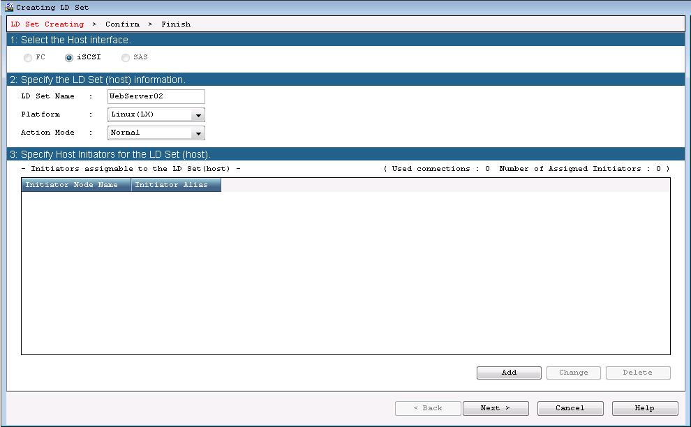 Chapter 10 Host Settings 10.3.3.2 Creating a New LD Set/Changing Settings (iscsi) By clicking the [Create] button on the Manage LD Sets screen, you can create a new LD set.