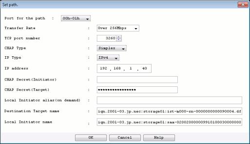 Chapter 14 RemoteDataReplication Settings 9 Click [Add]. Then, the following dialog box is displayed. Figure 14-23 Set path Dialog Box (iscsi) 10 Select a target port.