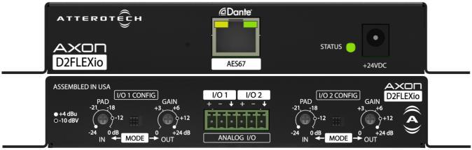 D2FLEXio 2x0/1x1/0x2 Line Level I/O Interface 2 line level balanced flex I/O with +24dBu maximum input and output levels Powered by either IEEE 802.