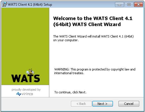 WATS Client installation Download the WATS Client from http://download.wats.no/. Remember to select the correct installation file depending on what operating system you run (32 or 64 bit).