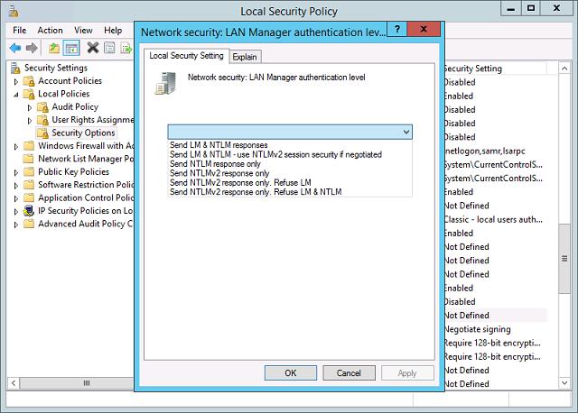 Under Security Settings, expand Local Policies > Security Options, then click Network security: LAN Manager authentication level. 3.