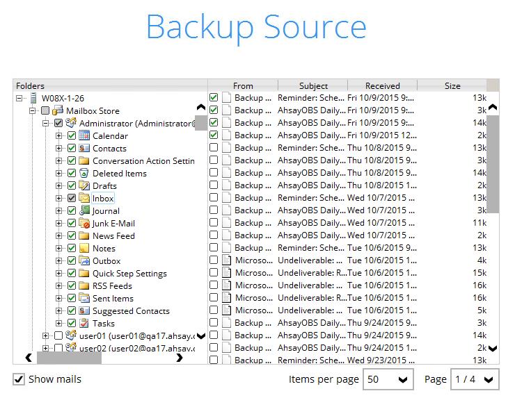 4. In the Backup Source menu, select the Mailbox Store for backup. You can click to expand the mailbox store to select which mailbox to back up.