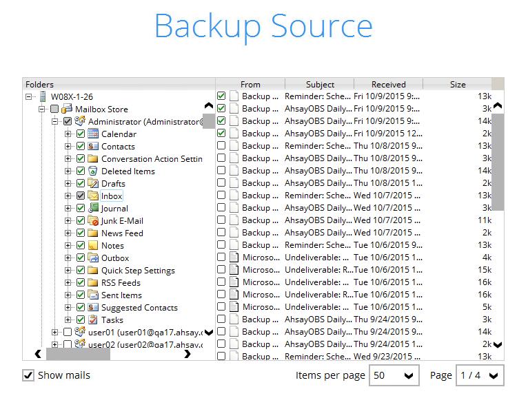 4. In the Backup Source menu, select the Mailbox Store for backup.
