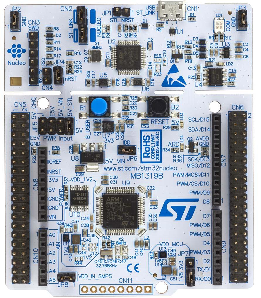 NUCLEO-L433RC-P NUCLEO-L452RE-P STM32 Nucleo-64-P boards Data brief Features STM32 microcontroller in LQFP64 package SMPS: significantly reduces power consumption in Run mode One user LED shared with