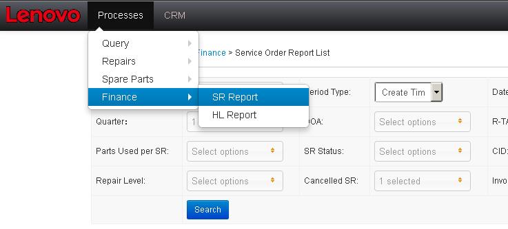 Scenario 11: Service Order Report (SR Report) Menu-Process Management->Finance->SR Report Filter: In the following screen, by default you will be able to see all the service orders in your country.